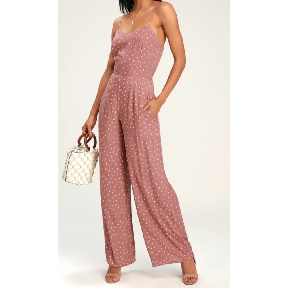 Lulus Mauve Print Jumpsuit Size Medium Sleeveless Wide Leg‎ Pink Lined  Pockets